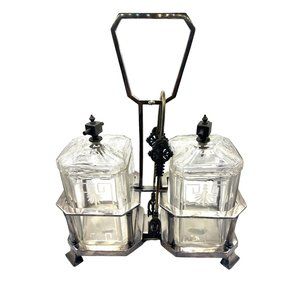 2 Antique Glass Condiment Set Meriden B Company Stand Pickle tongs Castor